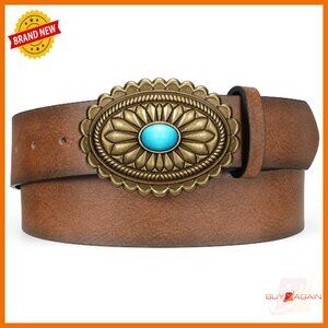 Western Leather Belt Turquoise Concho Buckle Adjustable Women's